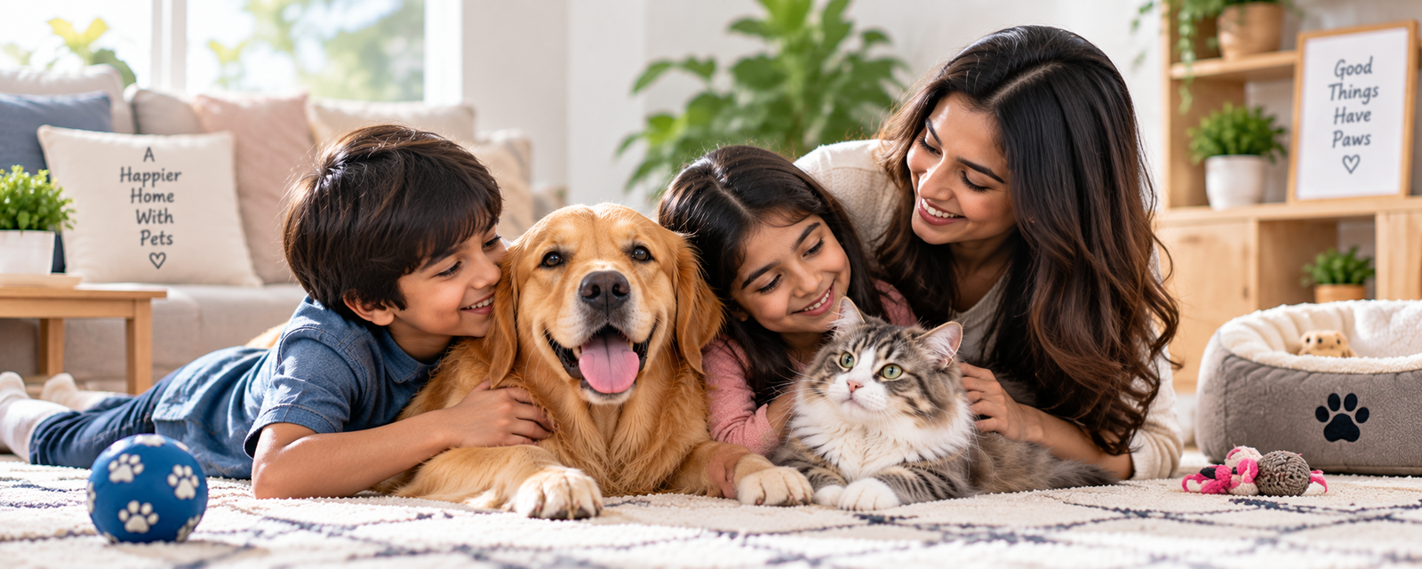Family with dog and cat